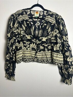 FARM Rio Black & Cream Bird-Print Long Puff-Sleeve button up cropped fit